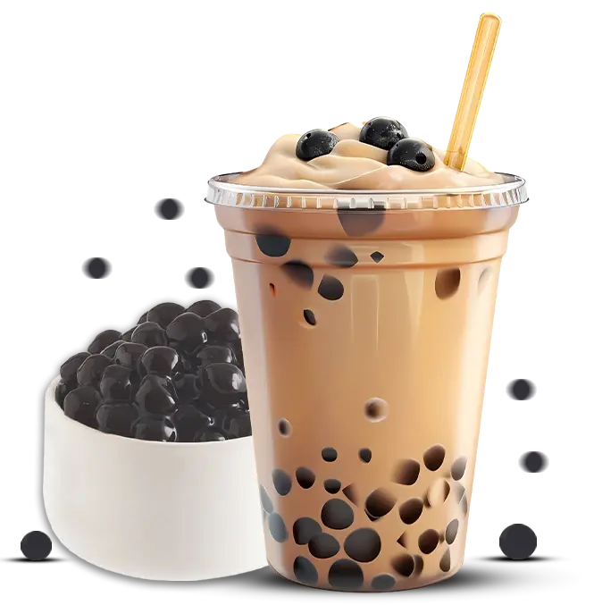 Blue Butterfly Ice Tea bubble tea cup with blueberry boba, a straw attached, and blueberry-themed design.