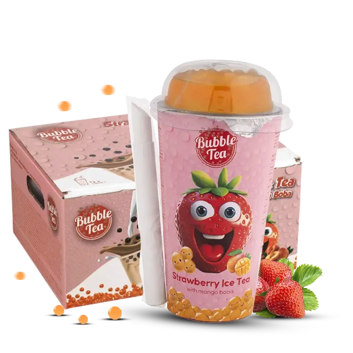Strawberry Ice Tea with mango boba in cup and box packaging.