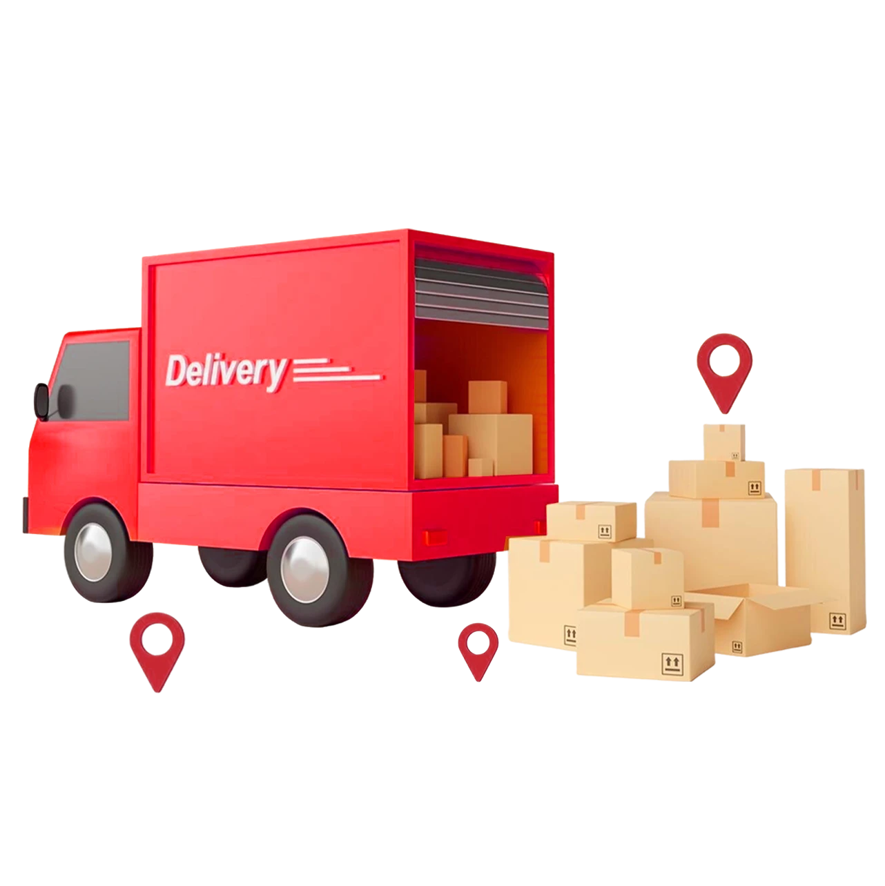 Red delivery truck with packages and location markers.
