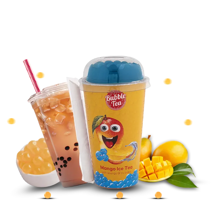 Mango Ice Tea with energy drink boba, shown alongside a classic bubble tea cup, fresh mango slices, and boba pearls.